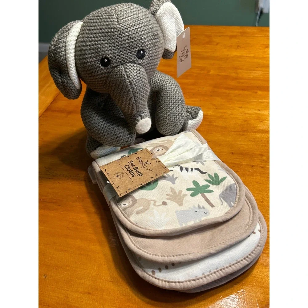 Grey Knit Elephant Plush and 3-Pack Safari Tropic Burp Cloths Baby Gift Set NEW